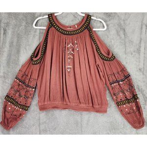 Free People Shirt Womens Small Embellished Give Him The Cold Shoulder Blouse